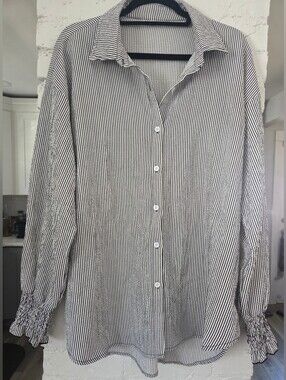 Women's Black and White Striped Oversized Button-Down Shirt With Smocked Cuffs